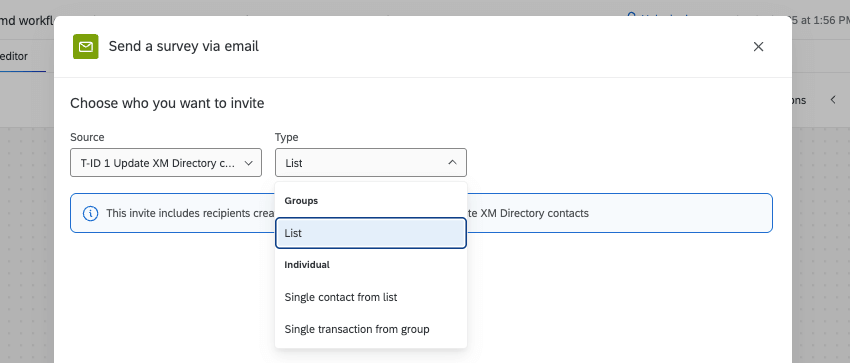 sie können die im Workflow erstellte Liste als Empfänger:in auswählen, wenn Sie eine Aufgabe für das Versenden per E-Mail eingerichtet haben