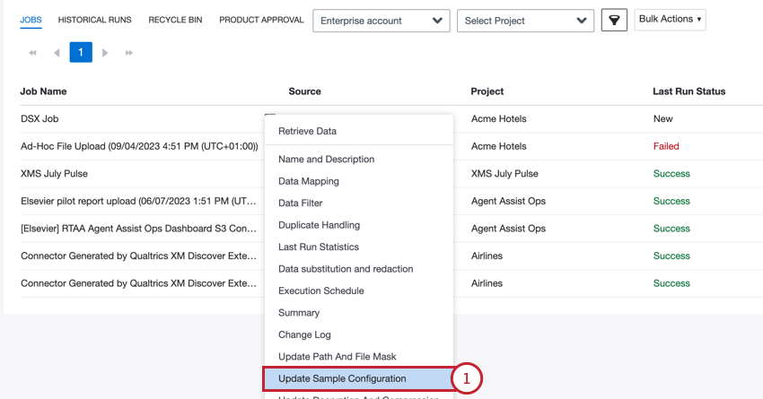 selezionando laggiornamento della configurazione del campione dal menu delle opzioni del lavoro