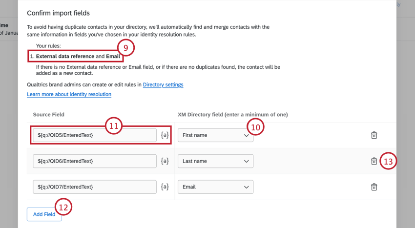 ソースからフィールドを選択し、XM DIRECTORYフィールドにマッピングする。