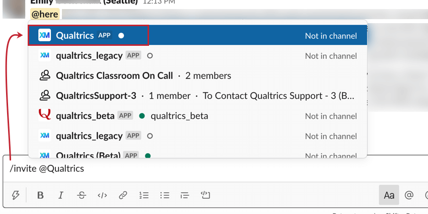 adding the qualtrics app to a private channel by typing /invite @Qualtrics