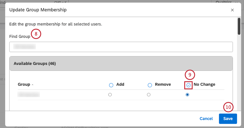 Para restringir a lista de grupos, comece a digitar o nome do grupo na caixa Localizar grupo. O grupo será exibido na seção Grupos disponíveis. Essa etapa é opcional. Para cada grupo, selecione uma das seguintes opções: Adicionar: Adicionar usuários selecionados ao grupo. Remover: Remova os usuários selecionados do grupo. No Change (Padrão): Não faz alterações. Clique em Salvar.