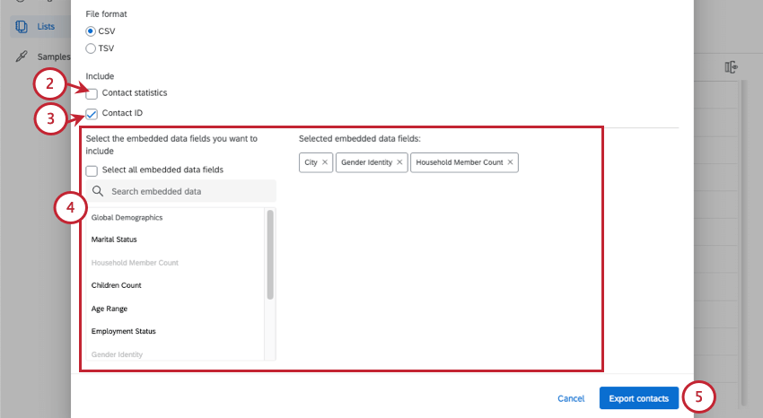 in cui si configura ciò che si desidera includere nellesportazione del file