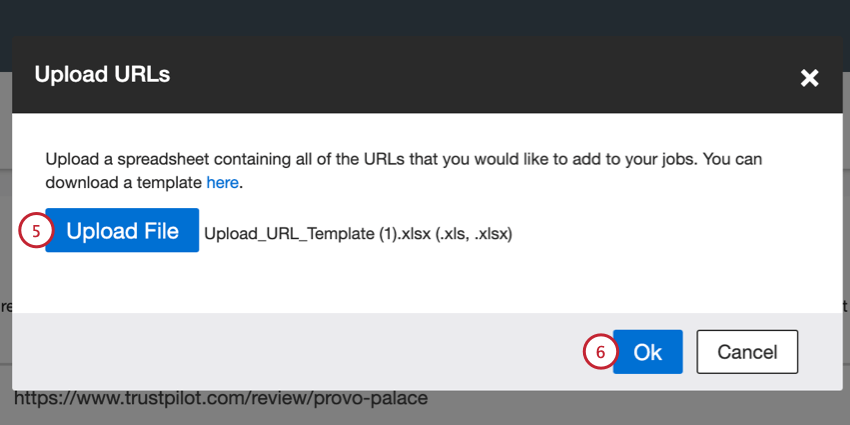 clicking the "Upload File" button in the Upload URLs window and choosing the file containing property data