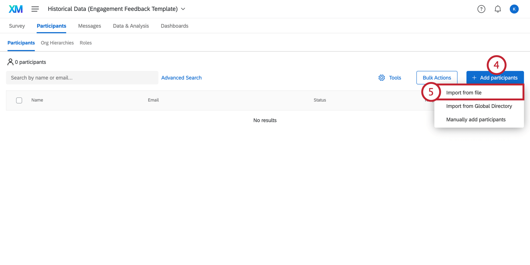 Clicking Import from file in the Add participants drop down menu