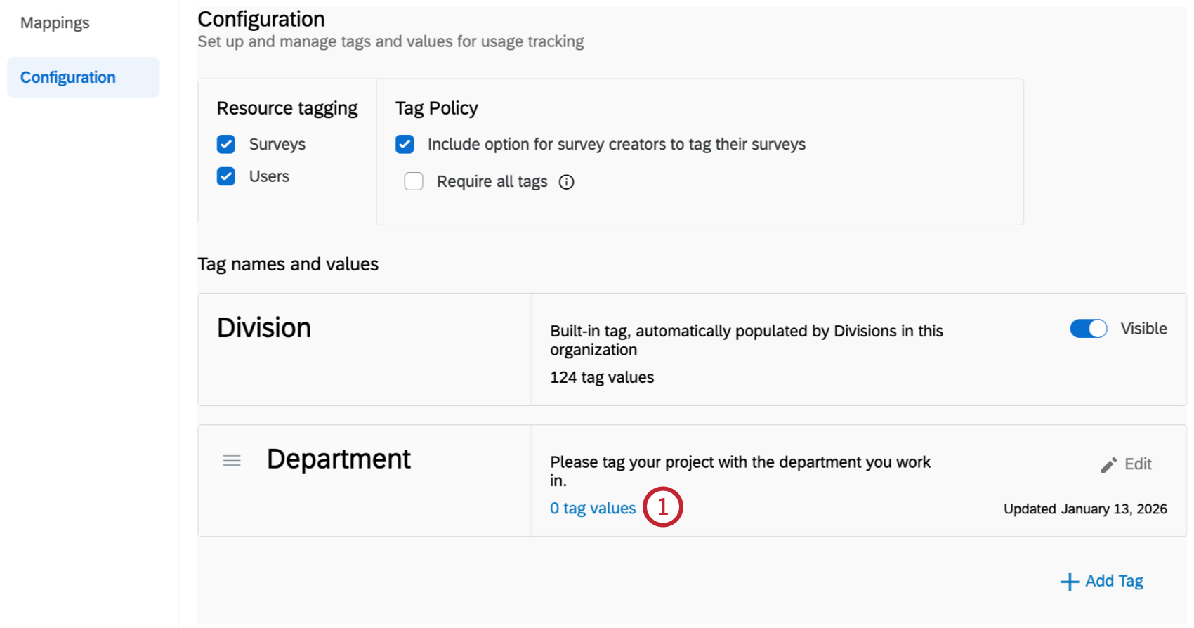 click "tag values" on the tag you want to import/export