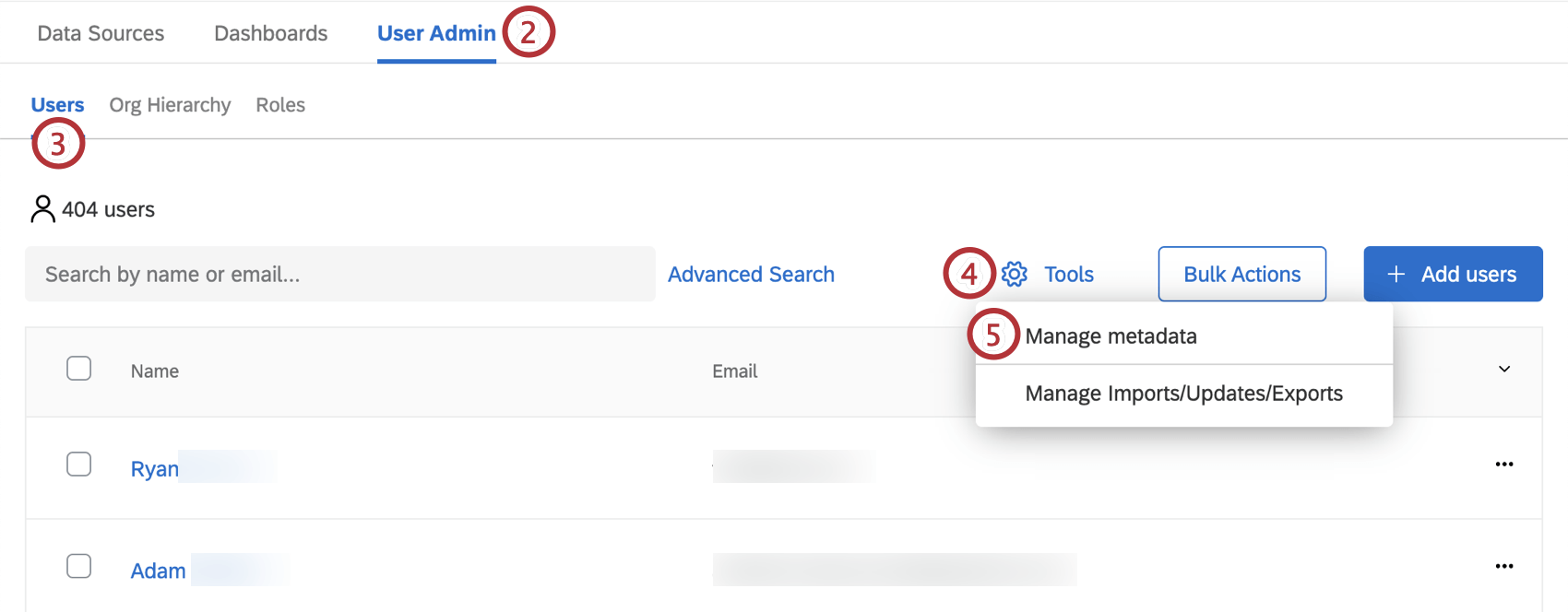 Image of managing metadata in the user admin tab