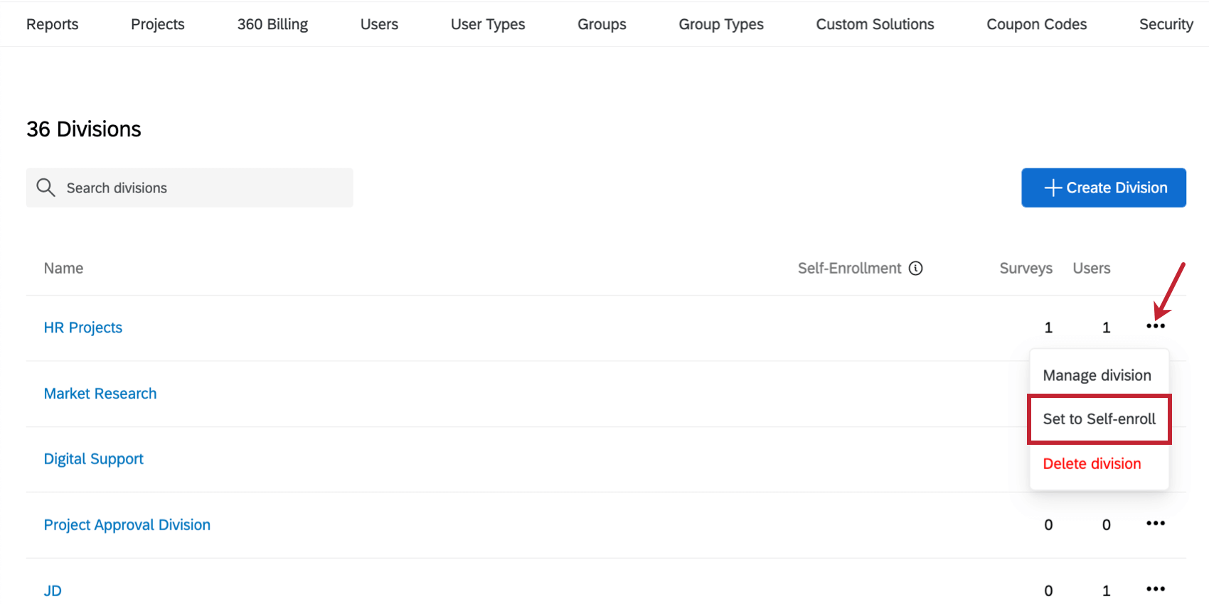 Dropdown next to a division, Set to self-enroll highlighted