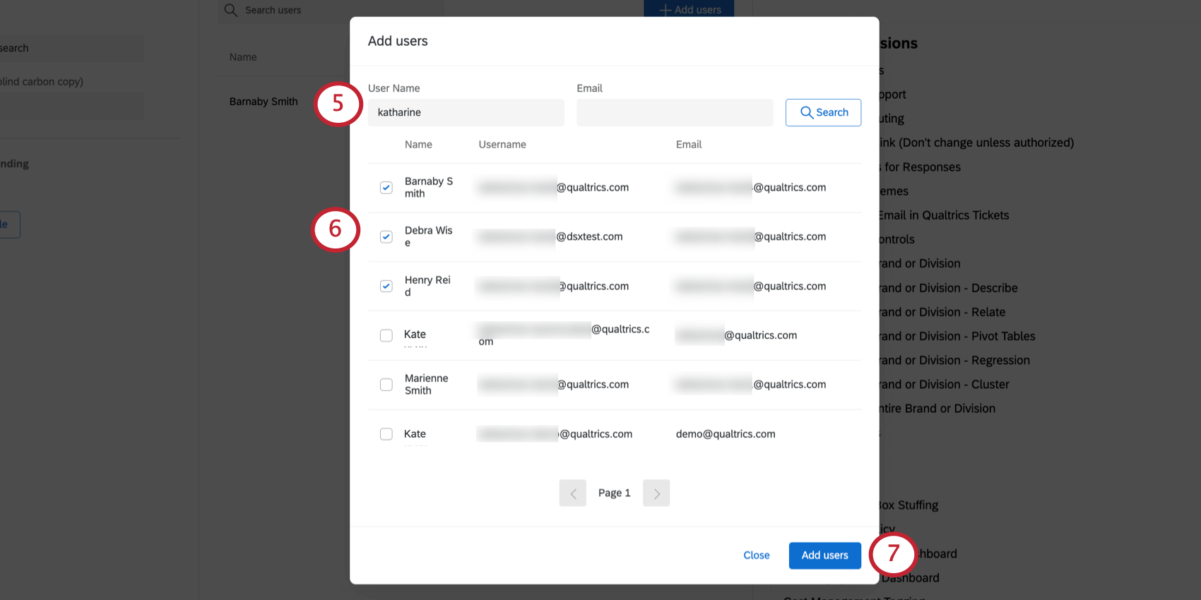 Modal where you search users by username or email, results are shown as a list of people you can check off