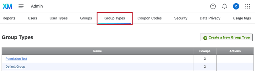 Guia Group Types (Tipos de grupo) na página Admin