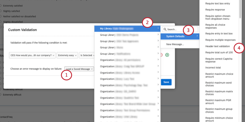selecting a validation message from the system defaults