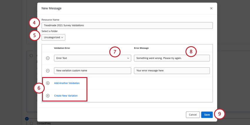 creating a new validation message. the message is given a description, a folder, and error