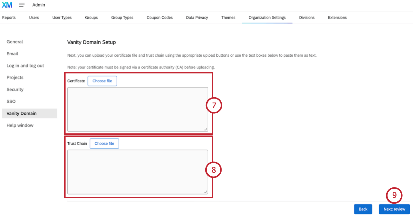 uploading certificate and trust chain