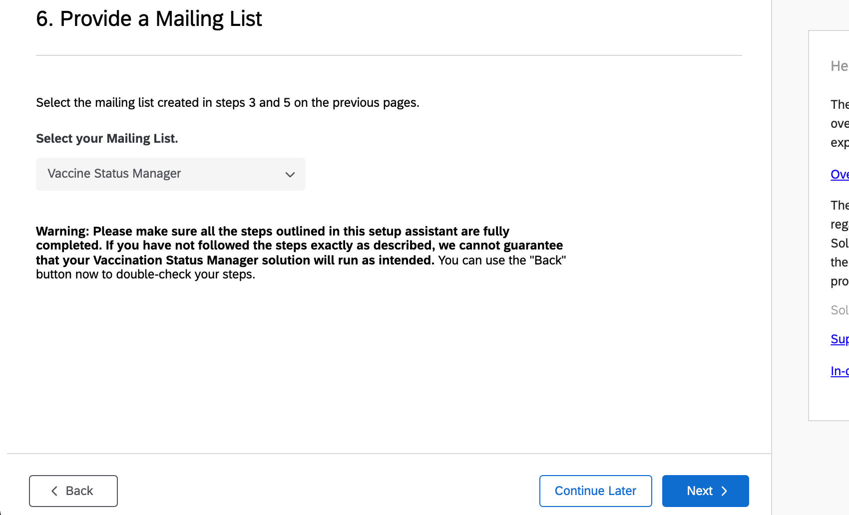 Immagine della tendina nellassistente di configurazione con lintestazione fornire una lista di invio