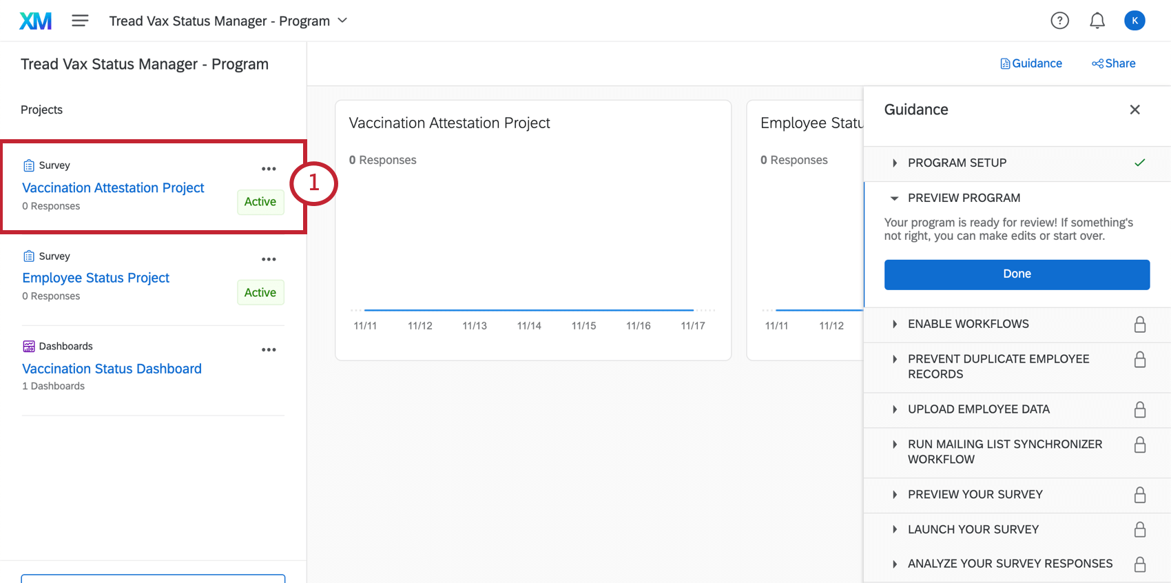 Image of vaccination attestation survey in the projects list on the left inside the program