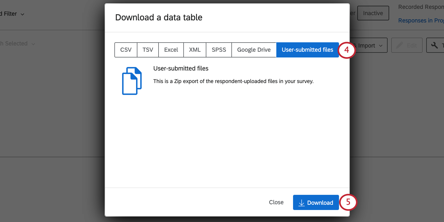 Image of new window that opens, with file format options along the top and a download button at the end