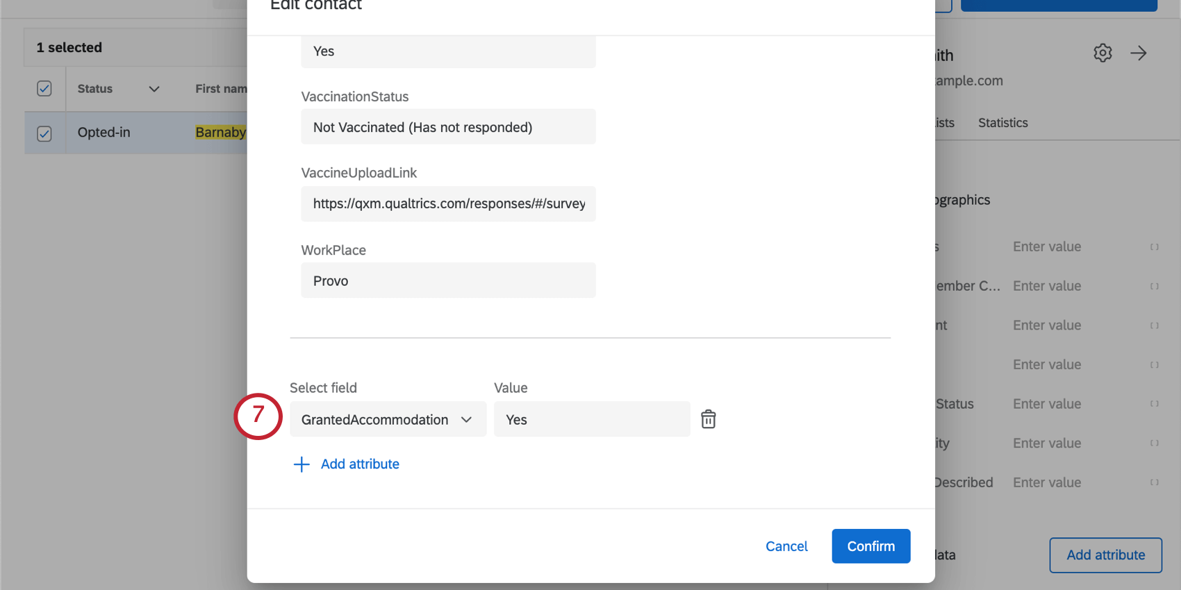 Nachdem Sie auf die Schaltfläche "Attribut hinzufügen" geklickt haben, wird ein Fenster geöffnet, in dem Sie das Feld GrantedAccommodation und den Wert hinzufügen können.