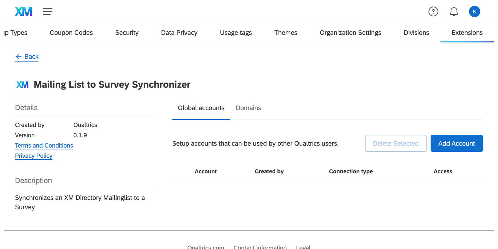 Image of the "mailing list to survey synchronizer" credentials page, which has an "add account" button just like the web service one did