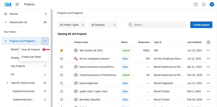 Dropdown next to projects and programs is selected, revealing two options: ciew all projects, and create sub folder