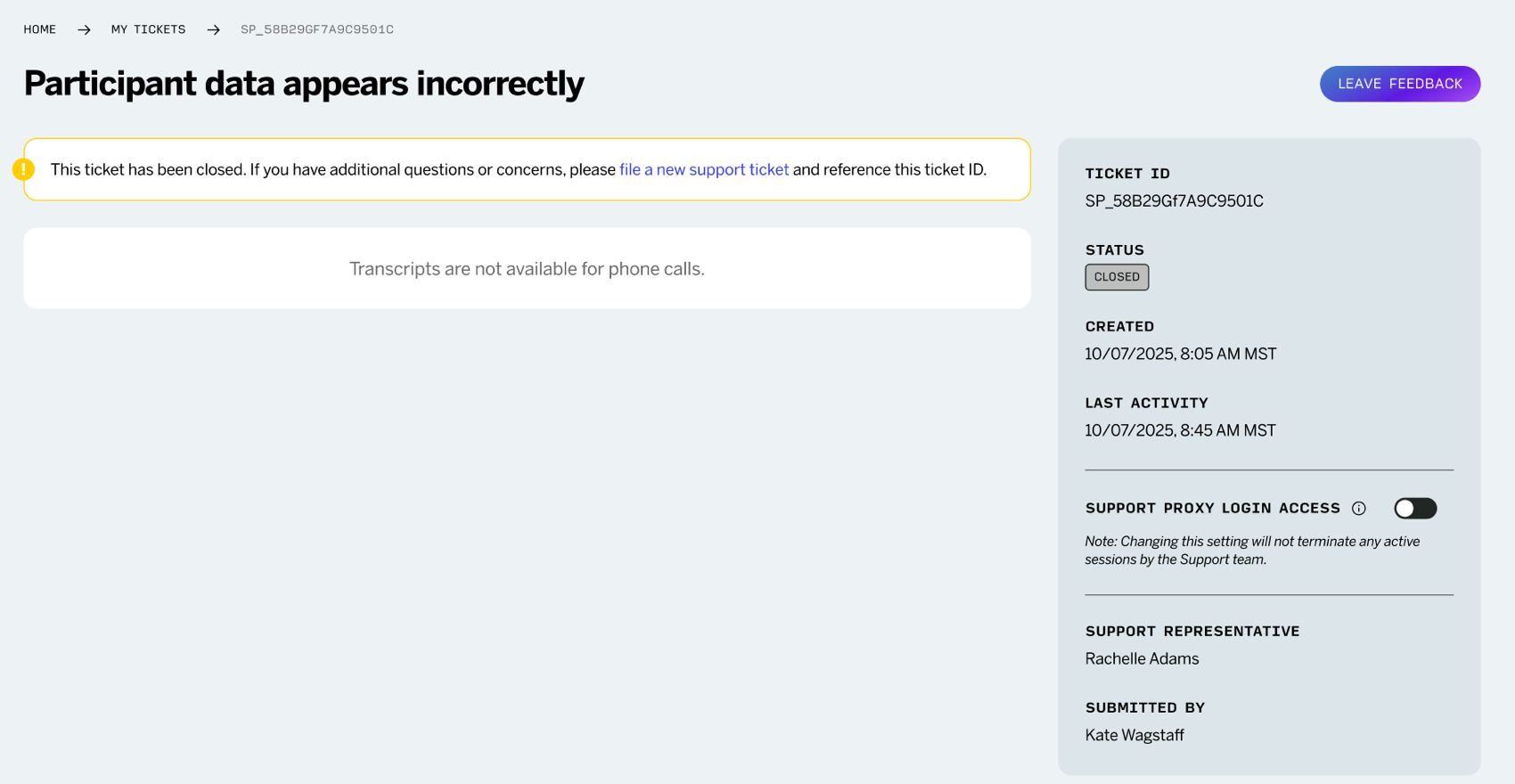 visualização de um tíquete telefônico fechado no hub