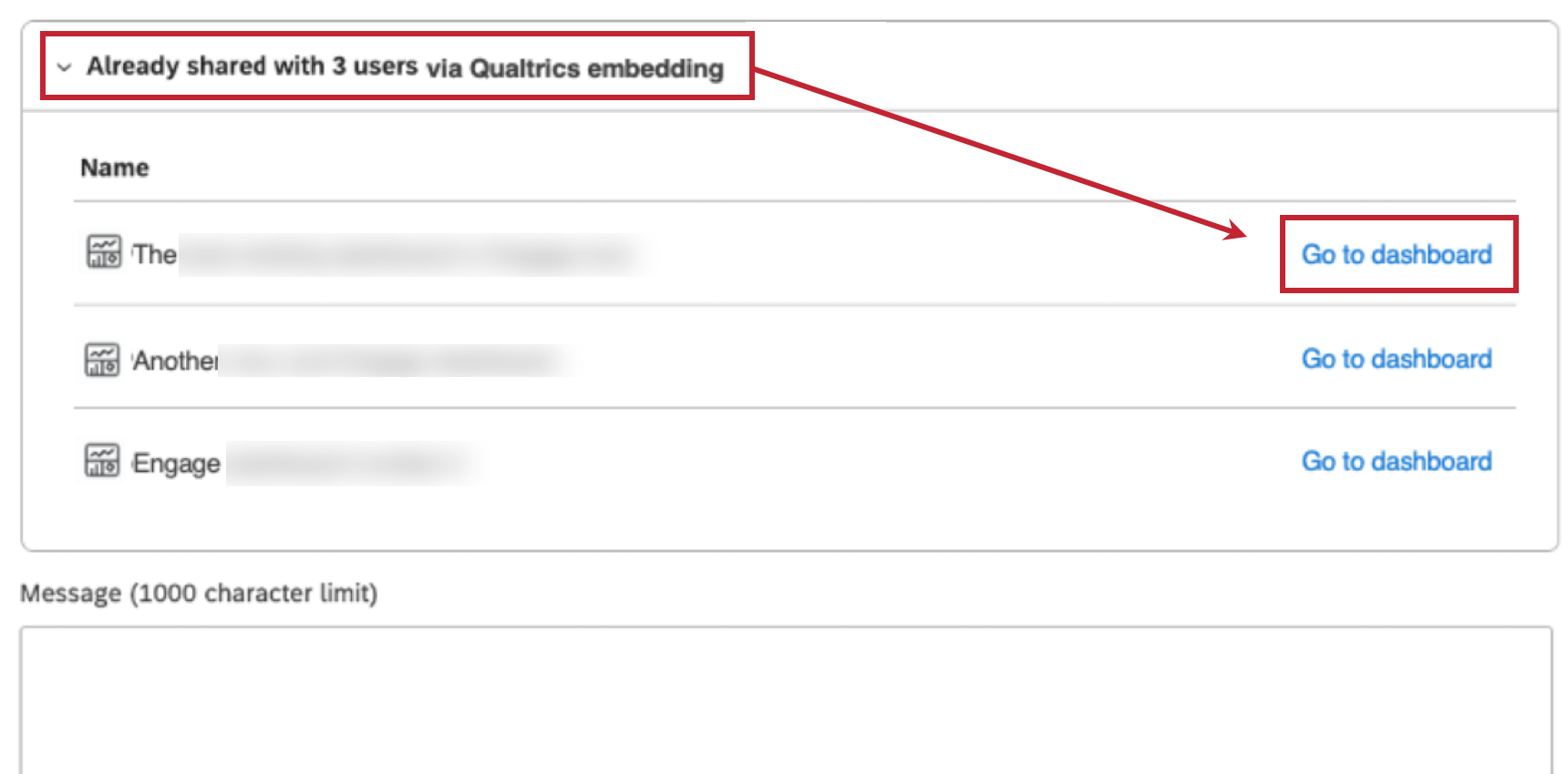 den bereits eingebetteten Abschnitt im Studio Dashboard Sharing-Fenster