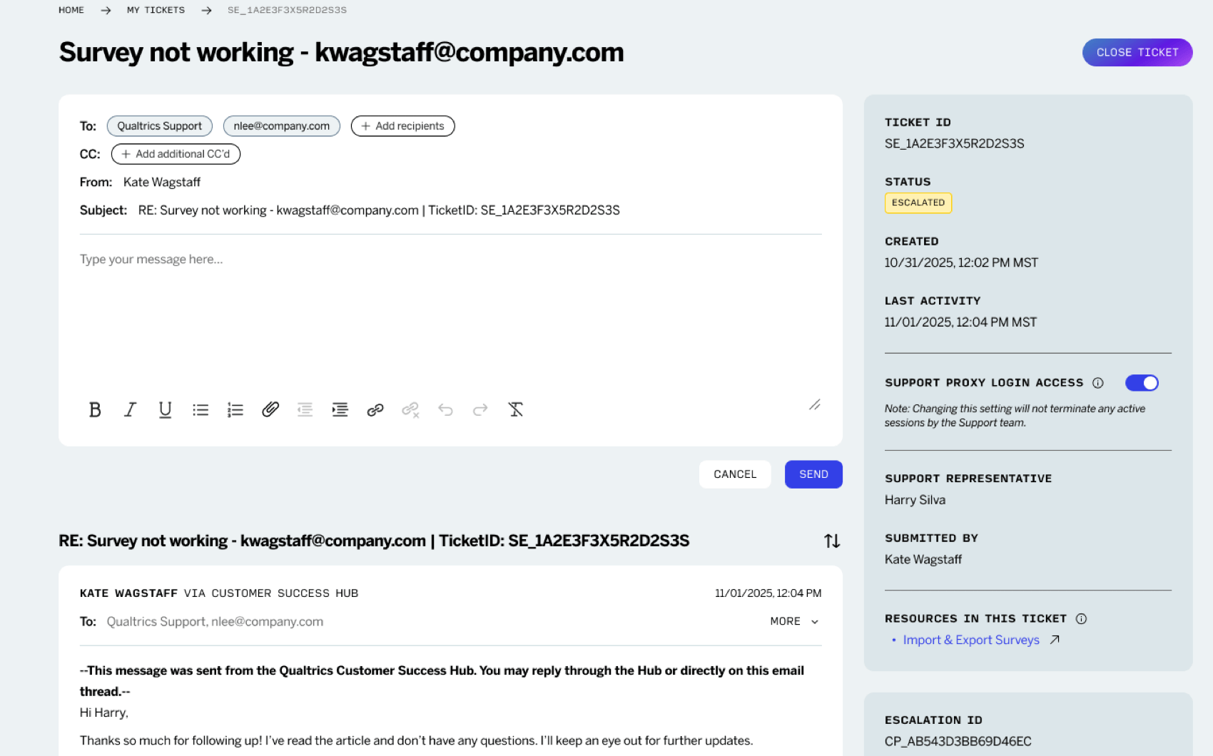 anzeigen eines E-Mail Tickets im Hub