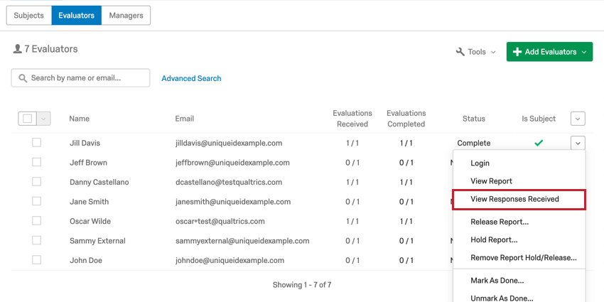 Clicking dropdown next to participant and seeing the view responses received option