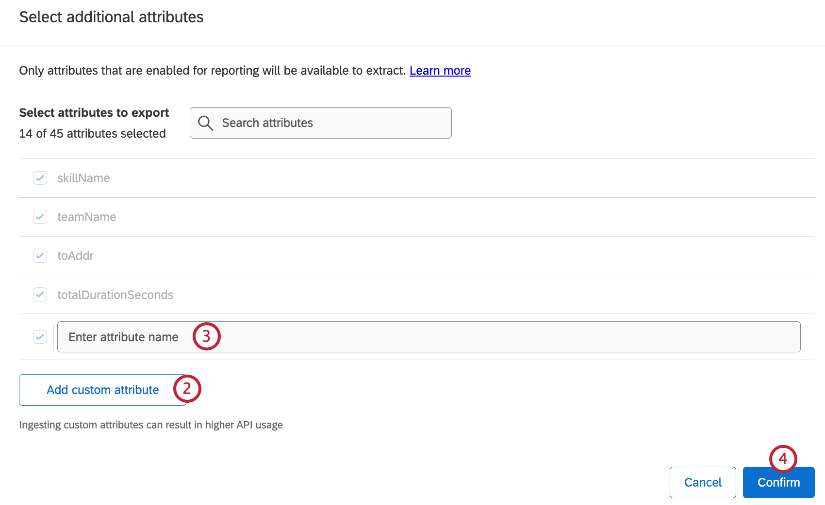 buttons to enter a new attribute name or add a custom attribute