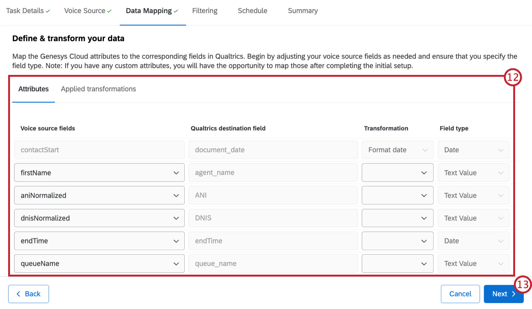 data mapping screen where you can select voice source fields and connect them to Qualtrics destination fields