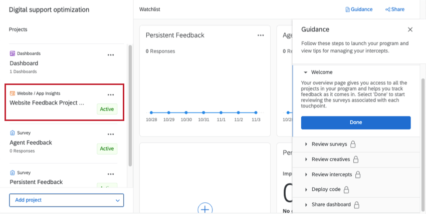 image of a program, with the wbesite insights project highlighted in the left projects list