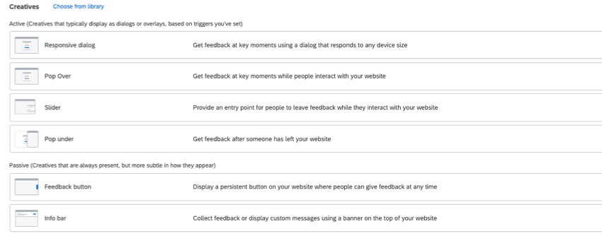 eine Liste von Creative-Typen, einschließlich Responsive-Dialogfelder, Pop-over, Schieberegler und Feedback-Schaltflächen