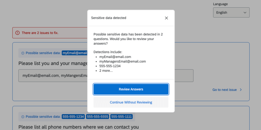 una finestra popup che informa i rispondenti di aver inviato informazioni sensibili, consentendo loro di valutare le risposte che hanno fornito