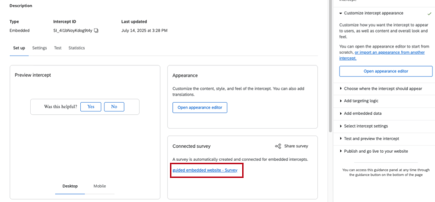 linked text of a survey name in connected survey section