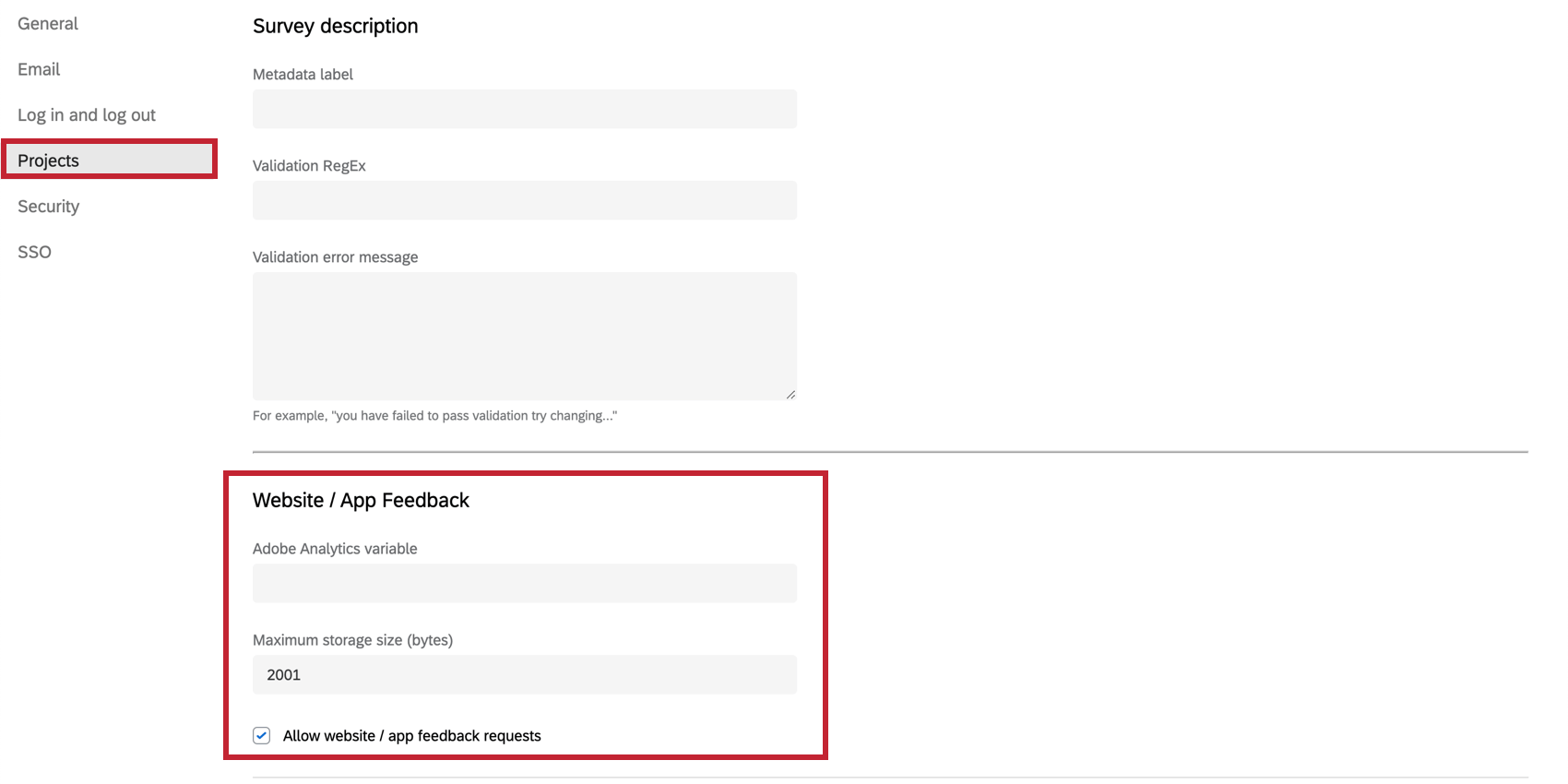 Impostazioni Feedback website / app nella sezione Progetti della pagina Impostazioni organizzazione