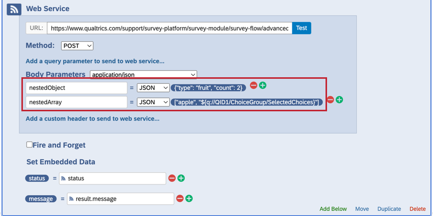 un élément de service web utilisant le format Json brut pour les paramètres du corps