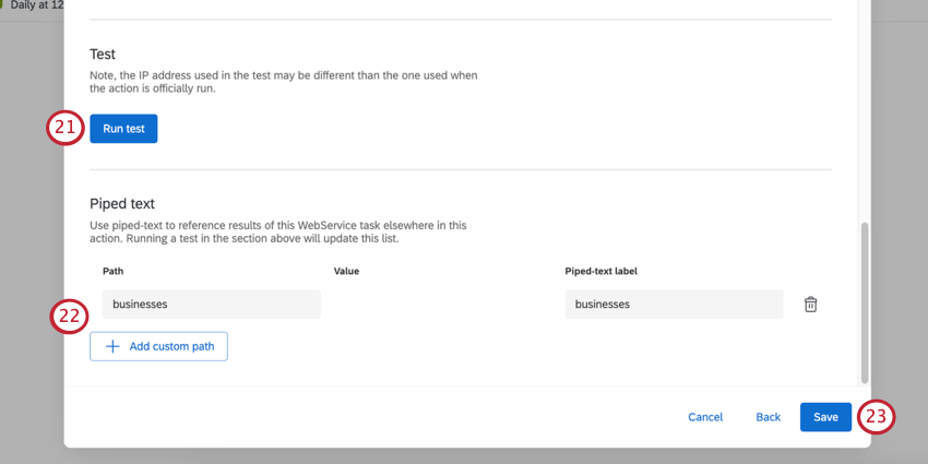 run test button. section named piped text where you add JSON paths