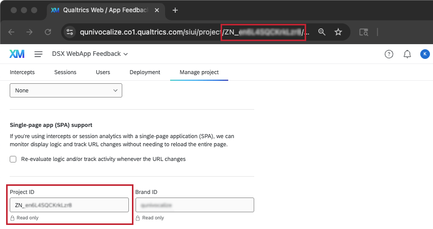 website app insights project is open and showing the manage projects tab, where the project ID can be found at the bottom. the URL bar of the browser is also shown, and you can see where the Zone ID is in the URL bar