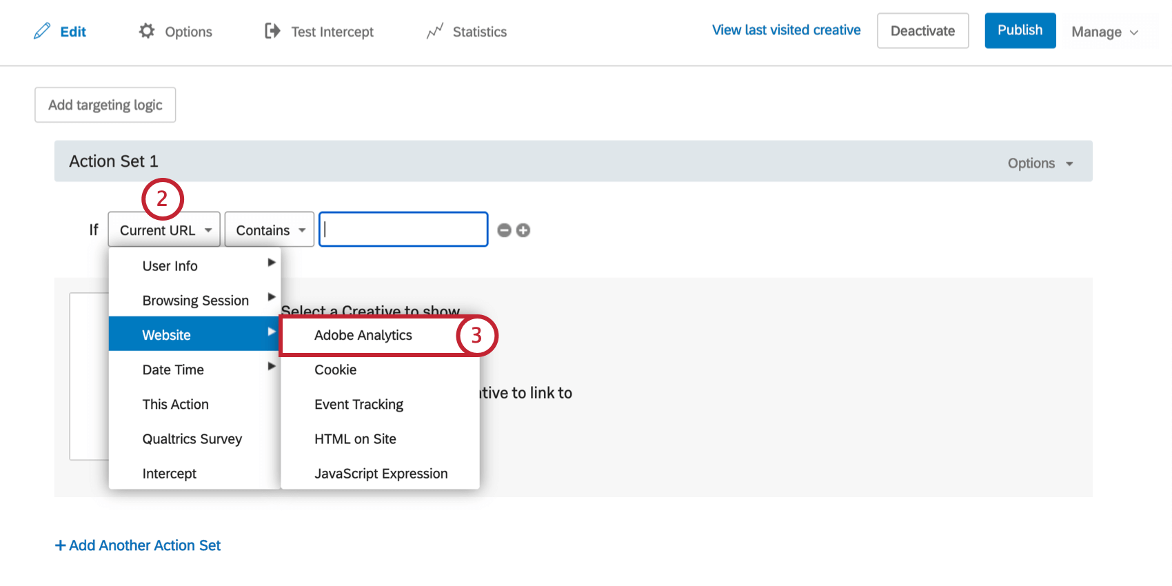 First field is dropped down, Website is highlighted, and Adobe analytics is selected from this menu