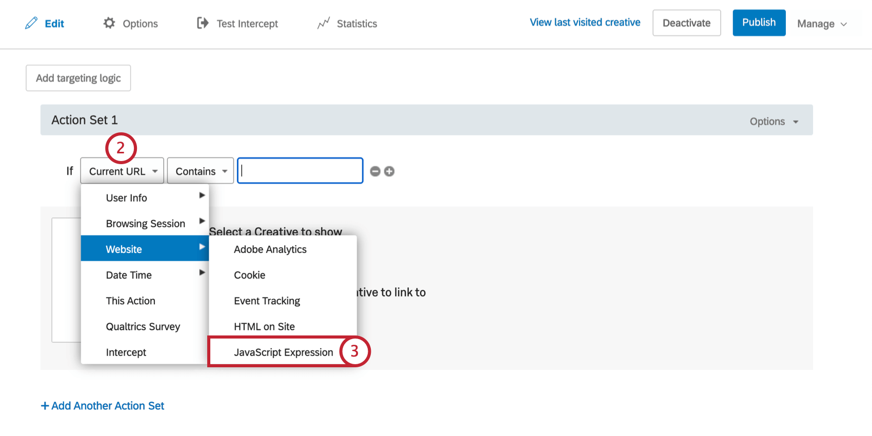 First field of Adobe Analytics logic is dropped down, from the Website menu Javascript Expression is selected