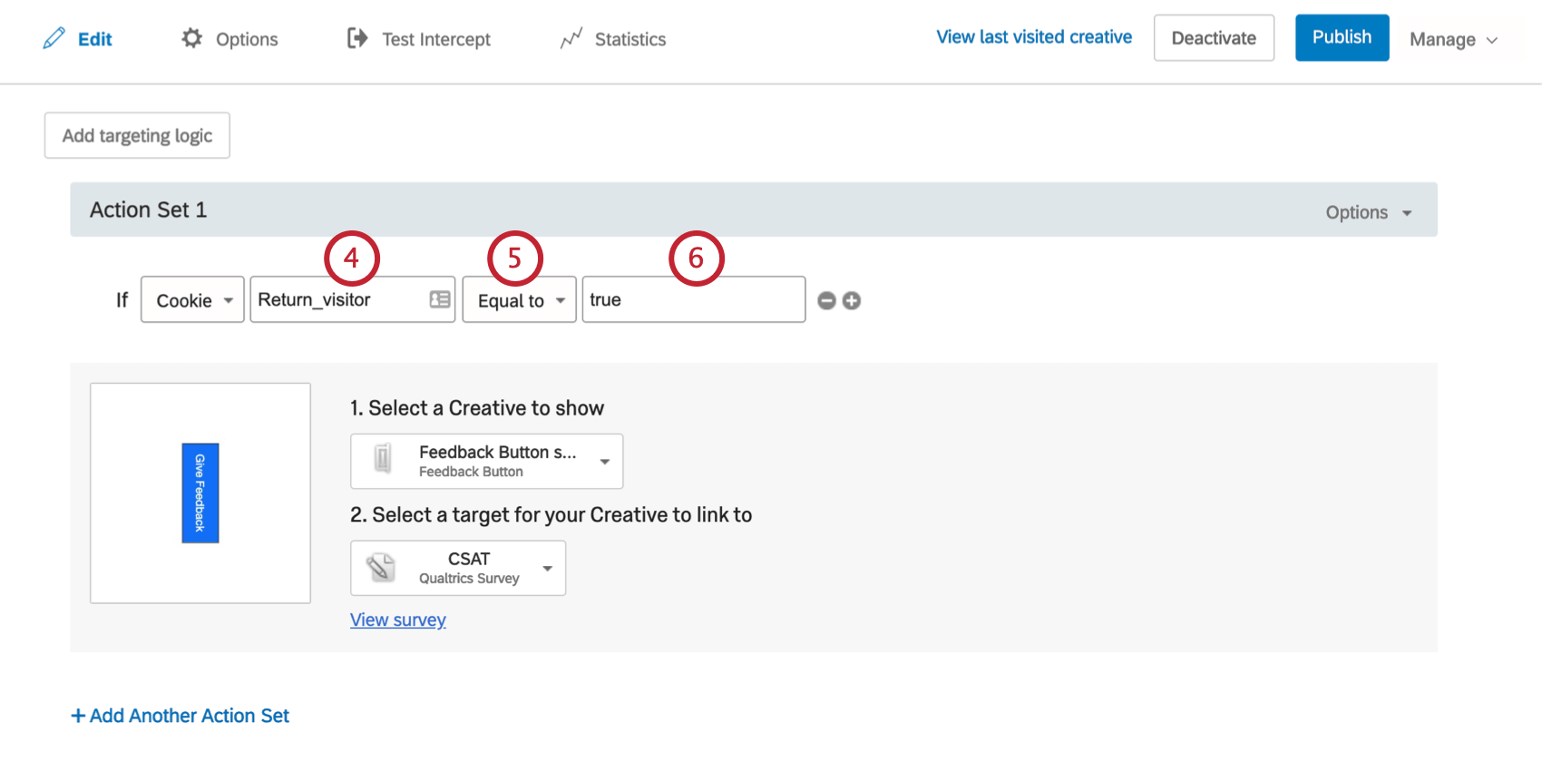 The condition says the Creative will appear if Cookie return visitor is equal to true