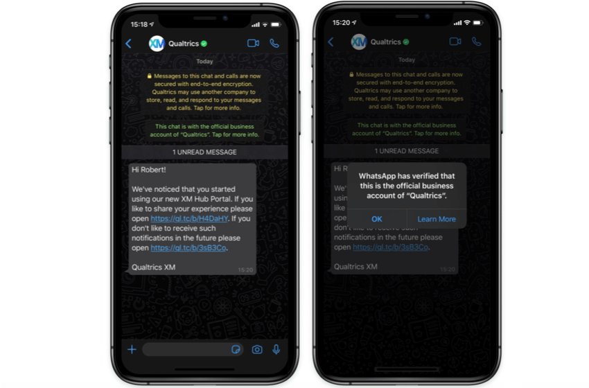 Telefono con whatsapp aperto. Mostra le credenziali di un account aziendale ufficiale di Whatsapp, che verifica la validità del mittente come azienda esistente