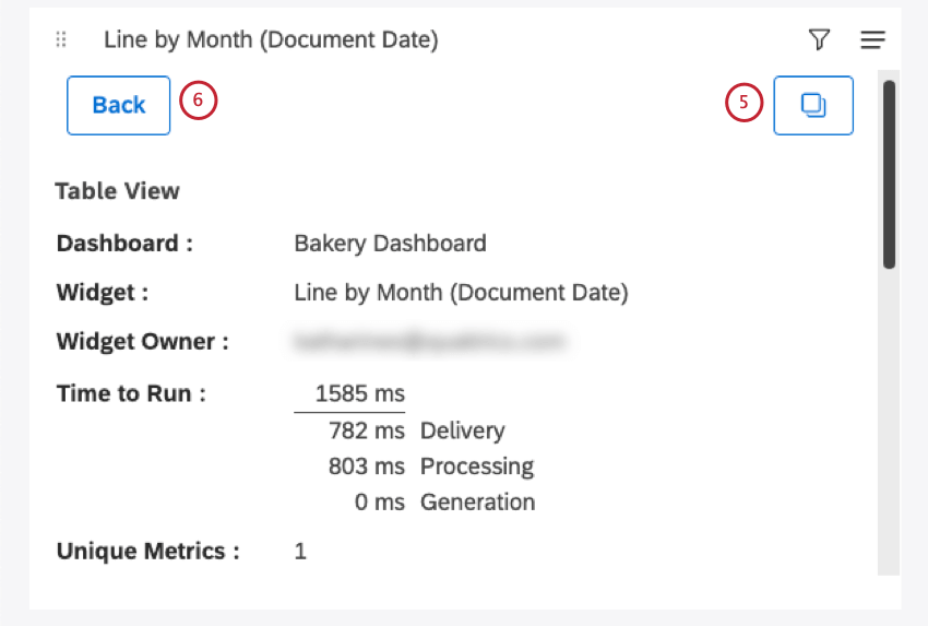 back button upper-left of stats mode, copy button on upper-right
