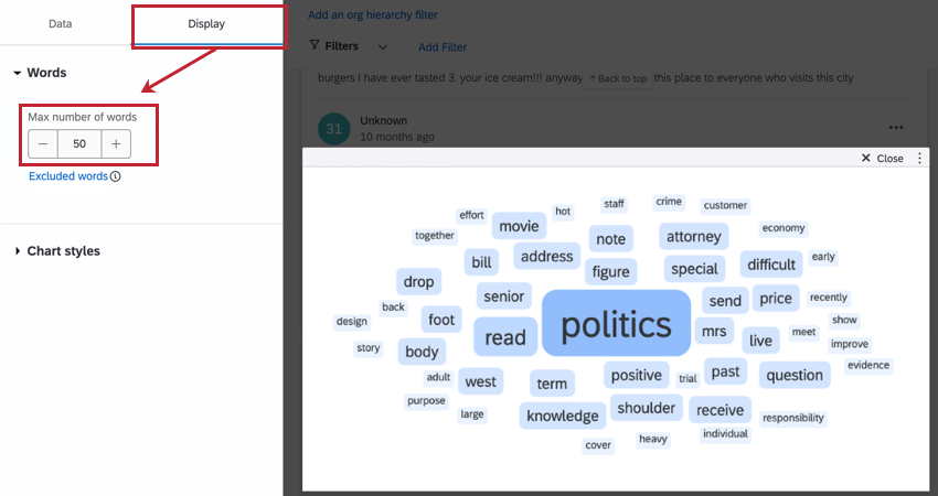 the max number of words option in display