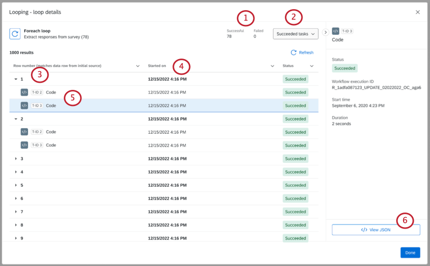 window where more details are shown about workflow loops