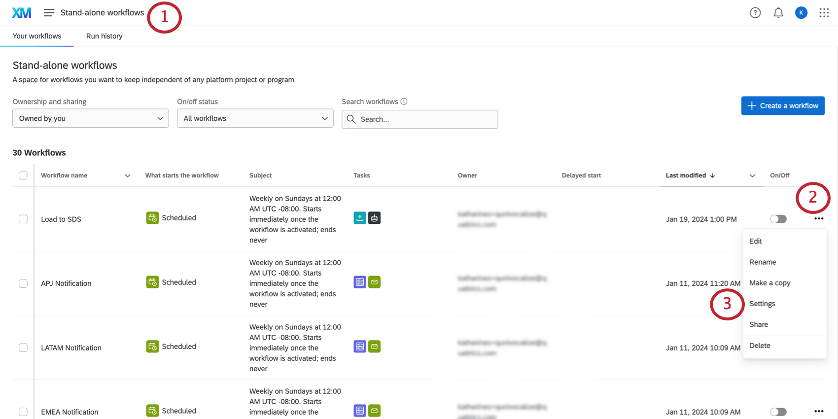 on the workflows page, clicking the three dots next to a workflow