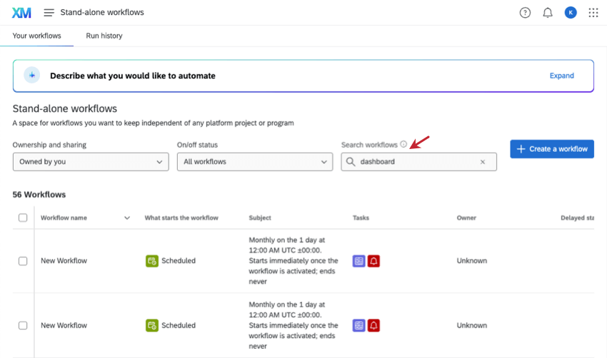 stand-alone workflows page with search bar highlighted