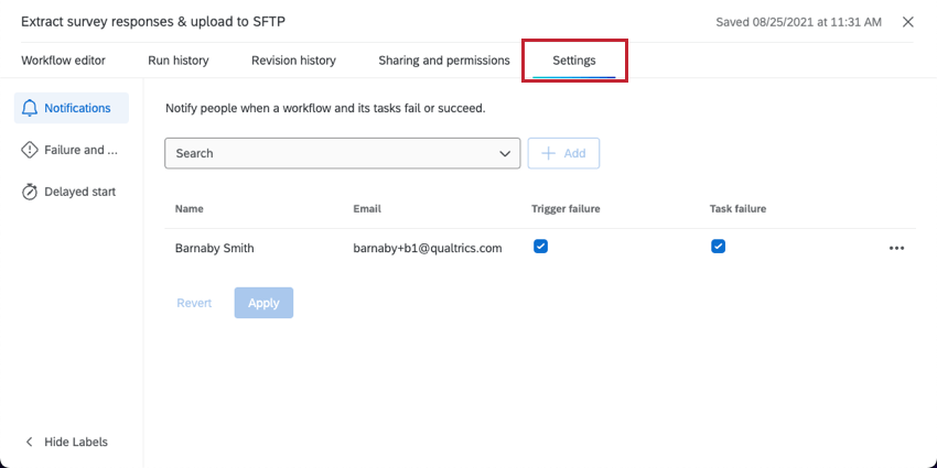 Settings tab of a workflow
