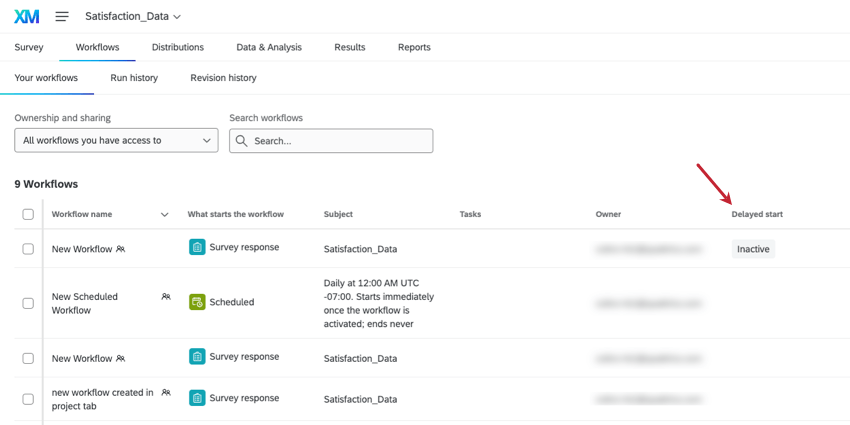 Delayed start status column on the list of workflows