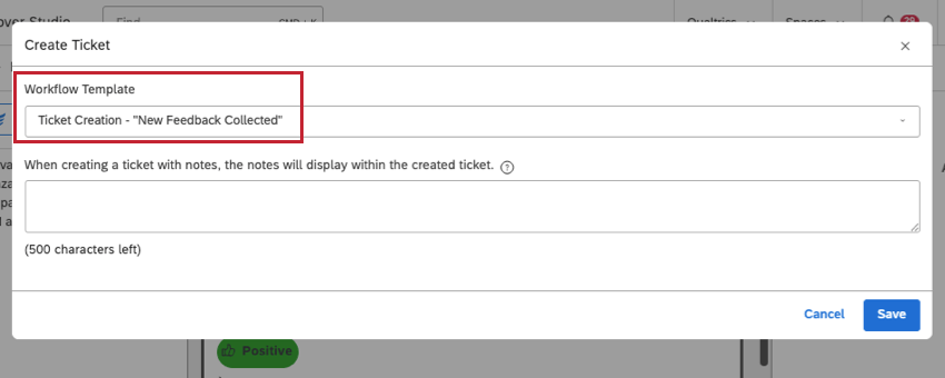 neues Fenster, in dem Sie ein Ticket aus einem Discover-Dokument erstellen. Feld namens Workflow-Vorlage