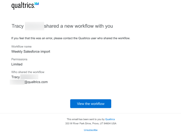 the email notification when a workflow is shared