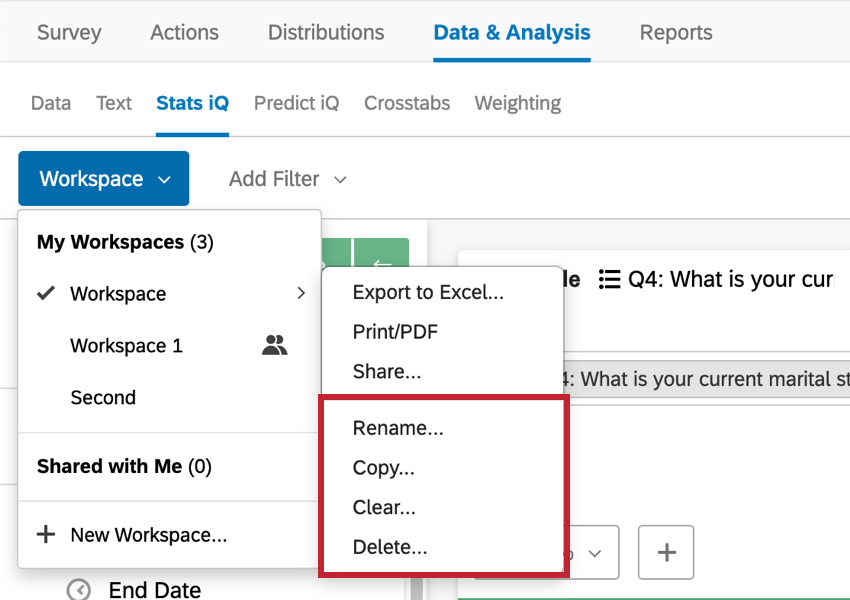Menu expanded; when hovering on workspace name, see options for rename, copy, clear, and delete, described below